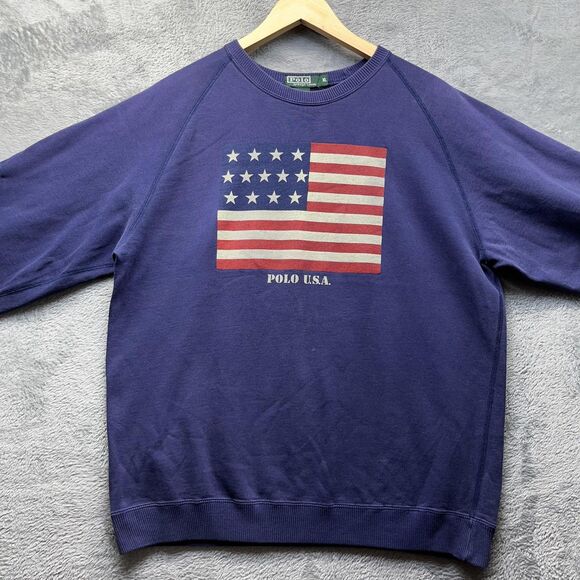 Vintage Polo Ralph Lauren Sweatshirt Mens XL Navy USA Flag Graphic Crewneck 90s - Picture 5 of 10